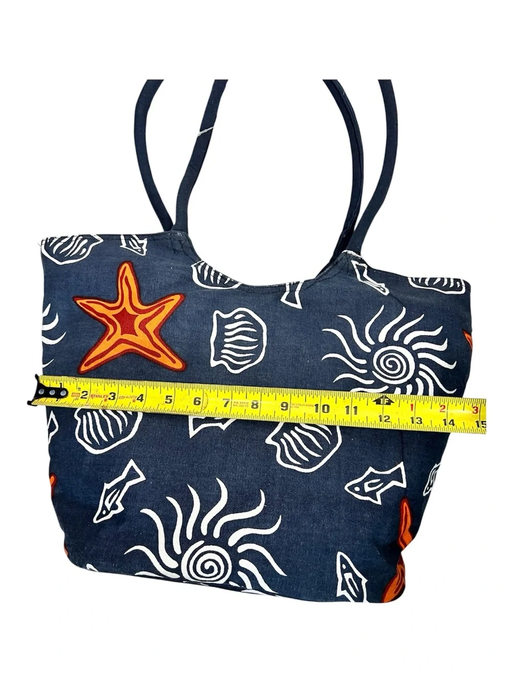 Sun N Sand Navy Beach Tote with Orange Starfish and White Shell Print